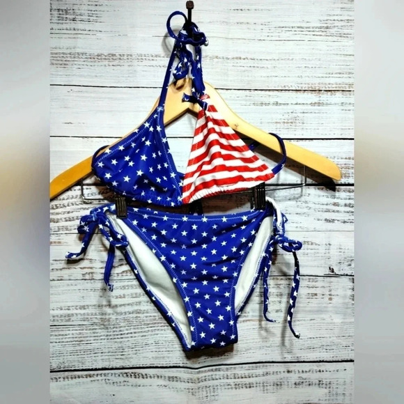 Americana String Bikini‎ Swimwear Set Stars Stripes Red Blue size Small UPF50 - Picture 1 of 6